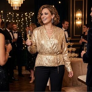 Chico’s Black Label Gold Zebra Semi-Sheer Silk Blend Bubble Top Size 2 (Large)